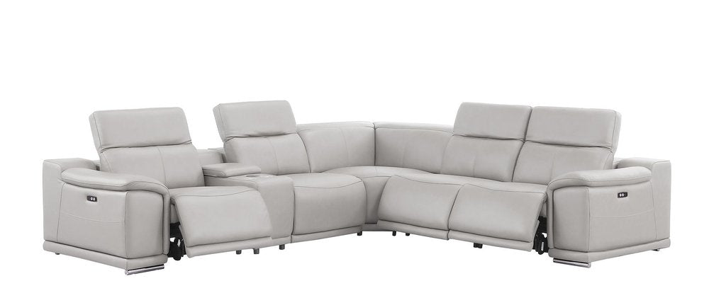 Ash Gray Leather Power Reclining L Shaped Six Piece Corner Sectional With Console