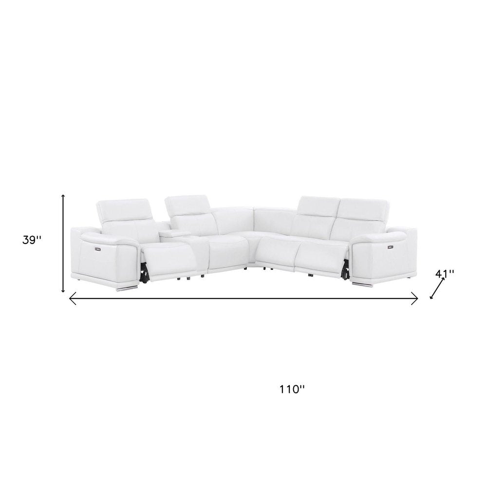 White Leather Power Reclining L Shaped Six Piece Corner Sectional With Console on a white background