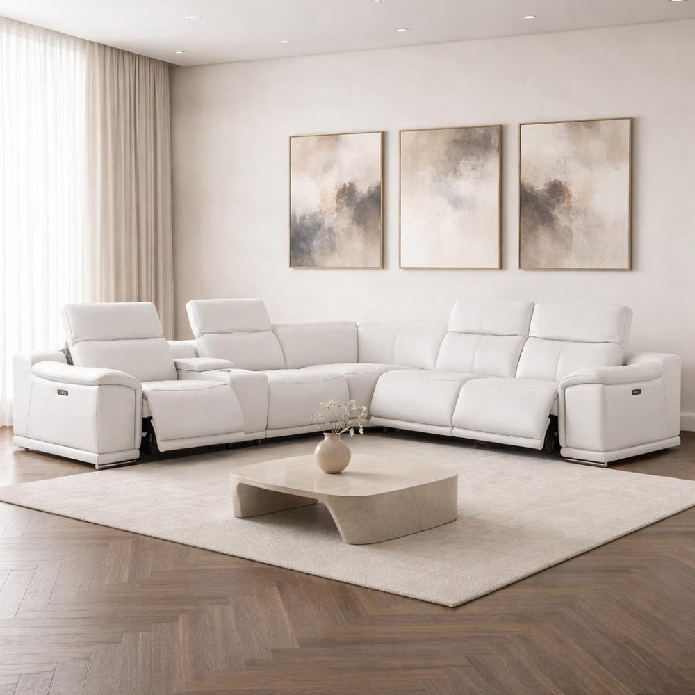 White Leather Power Reclining L Shaped Six Piece Corner Sectional With Console close-up detail