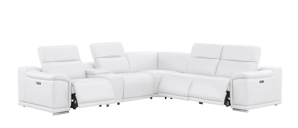 White leather L-shaped six-piece power reclining sectional sofa with console against a white background.