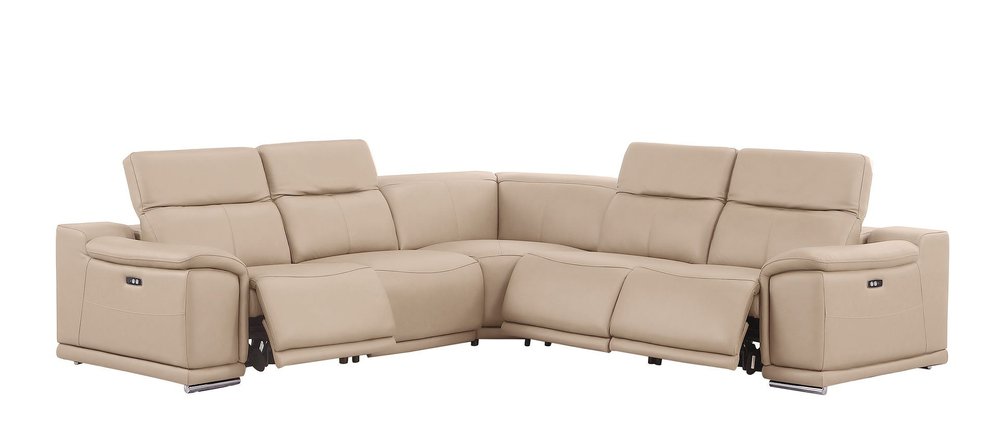 Beige Leather Power Reclining L Shaped Five Piece Corner Sectional on a white background