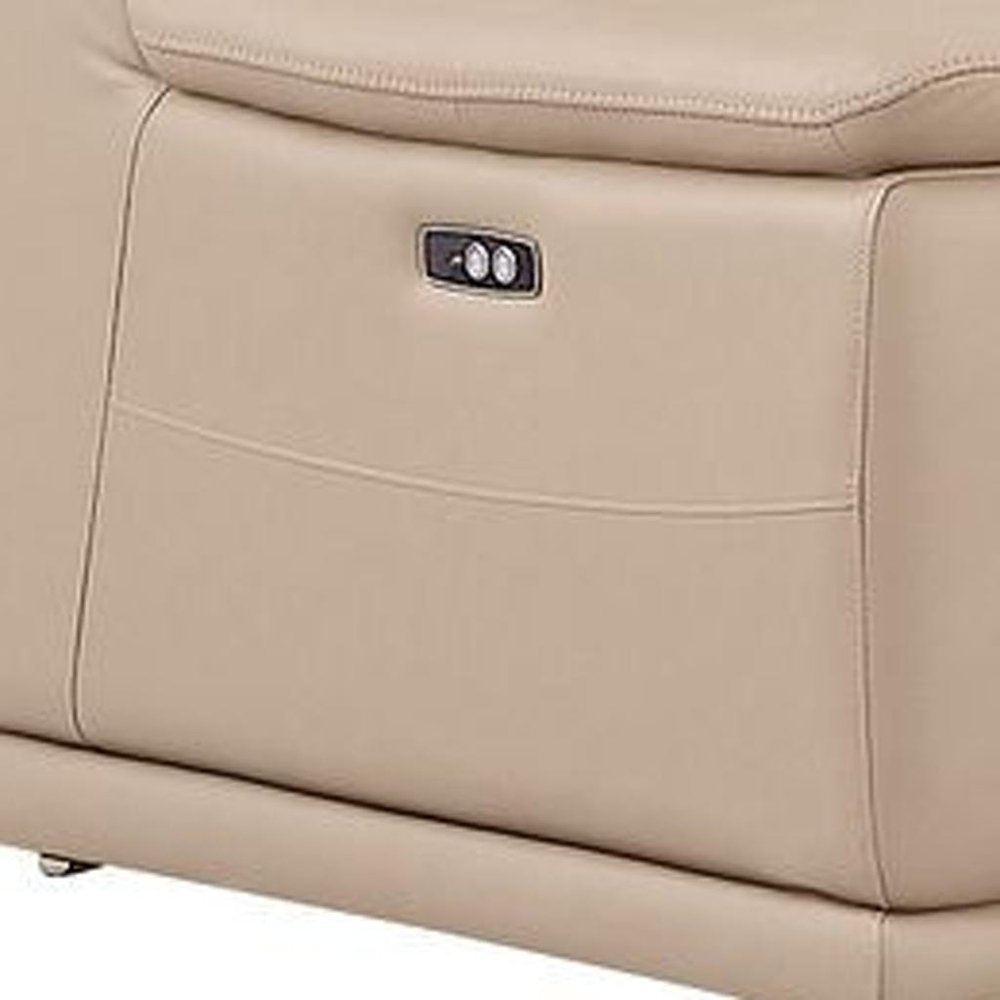 Beige Leather Power Reclining L Shaped Five Piece Corner Sectional