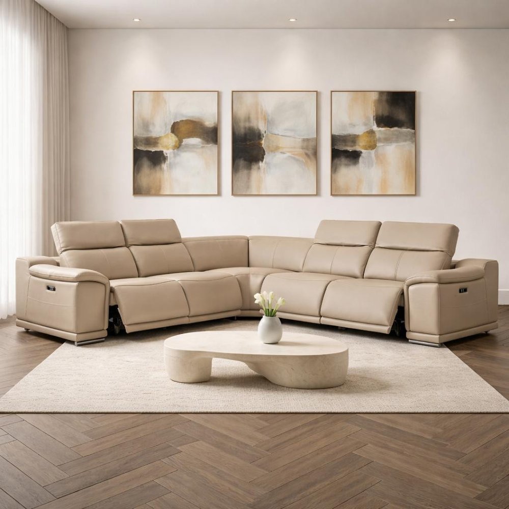 Beige Leather Power Reclining L Shaped Five Piece Corner Sectional