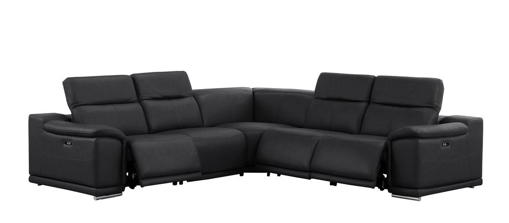 Black Leather Power Reclining L Shaped Five Piece Corner Sectional