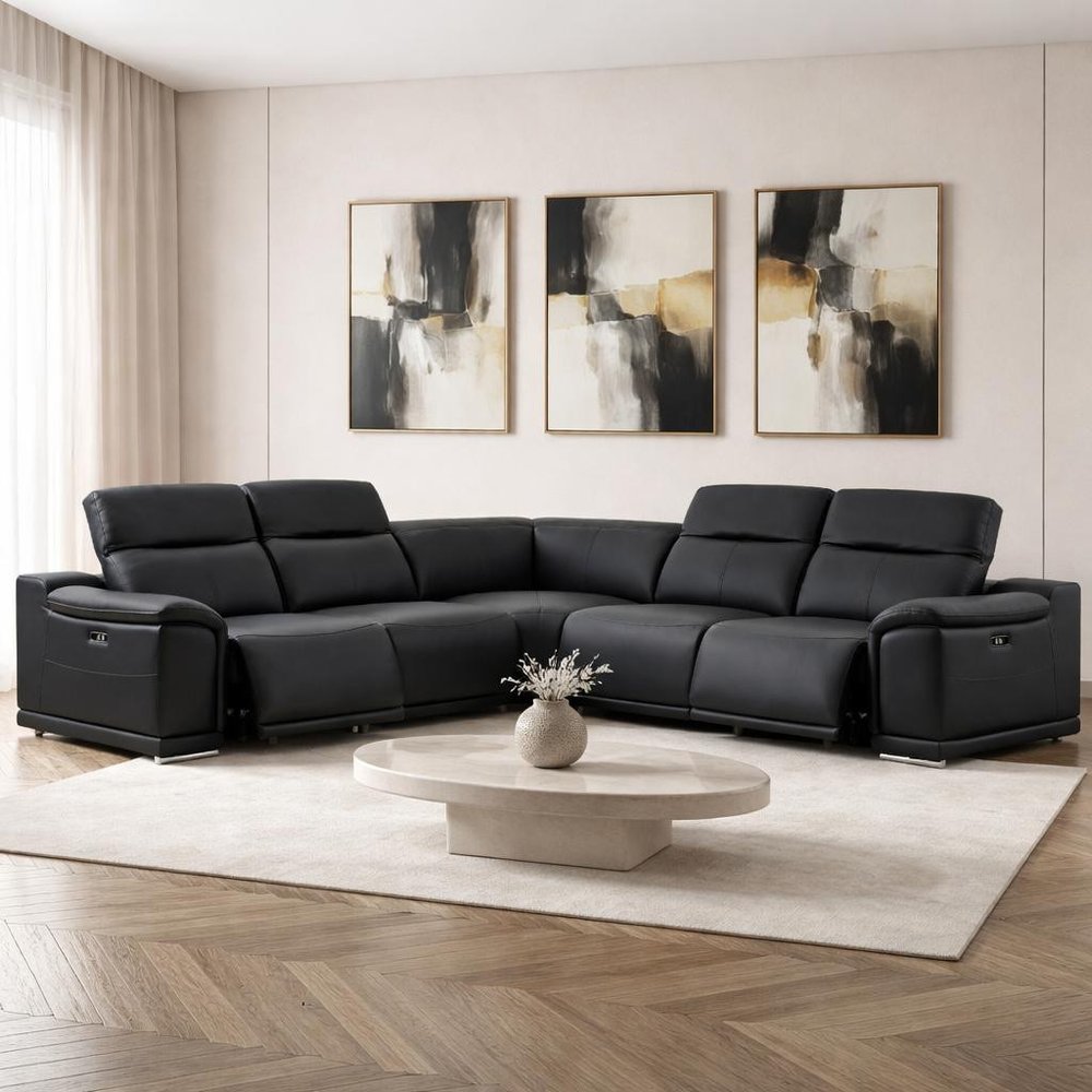 Black Leather Power Reclining L Shaped Five Piece Corner Sectional
