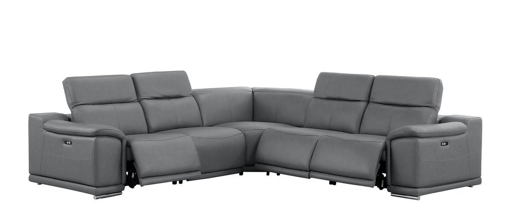 Battleship Gray Leather Power Reclining L Shaped Five Piece Corner Sectional
