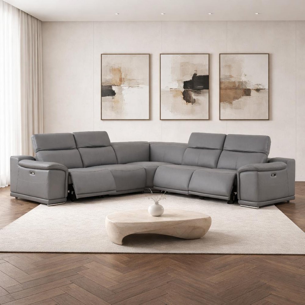 Battleship Gray Leather Power Reclining L Shaped Five Piece Corner Sectional