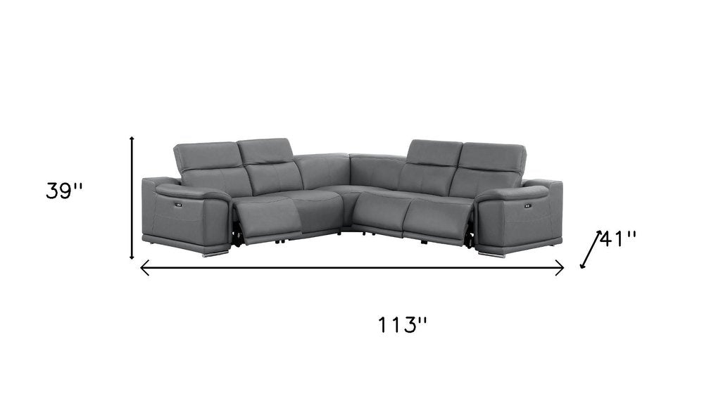 Battleship Gray Leather Power Reclining L Shaped Five Piece Corner Sectional