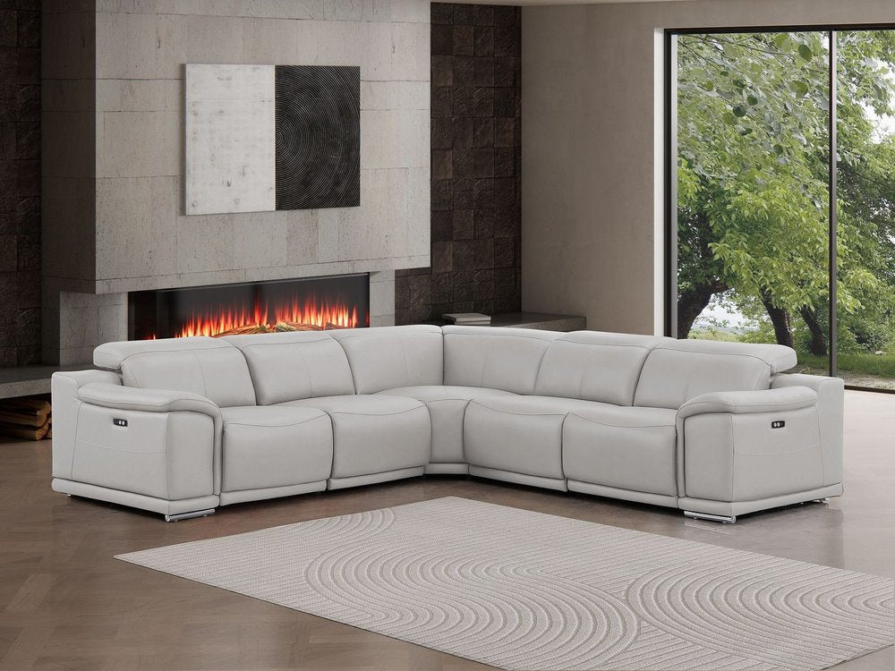 Ash Gray Leather Power Reclining L Shaped Five Piece Corner Sectional