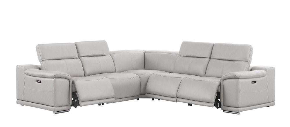Ash Gray Leather Power Reclining L Shaped Five Piece Corner Sectional