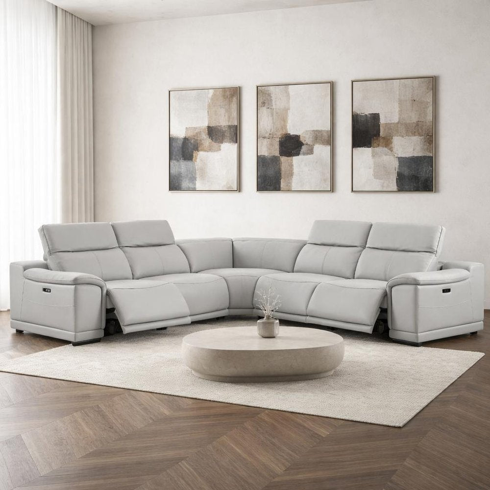 Ash Gray Leather Power Reclining L Shaped Five Piece Corner Sectional