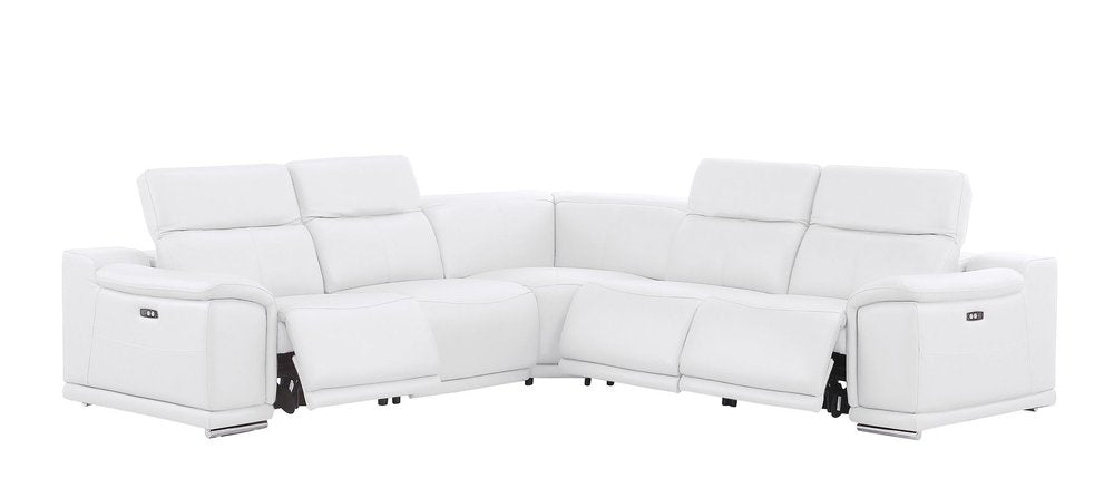 White leather L-shaped five-piece power reclining sectional sofa against a white background.
