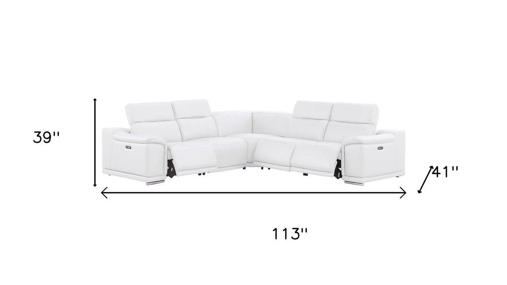 White Leather Power Reclining L Shaped Five Piece Corner Sectional
