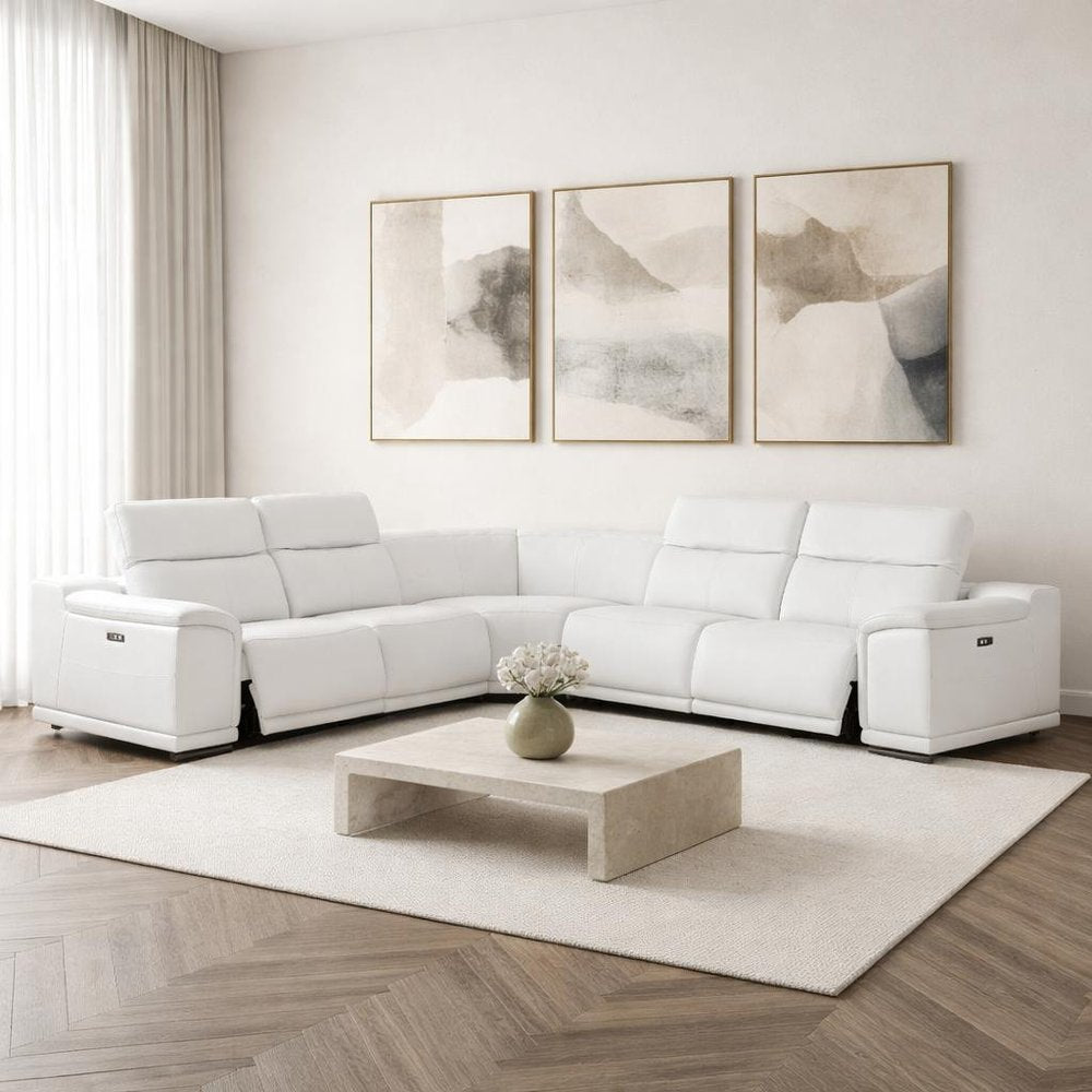 White Leather Power Reclining L Shaped Five Piece Corner Sectional close-up detail