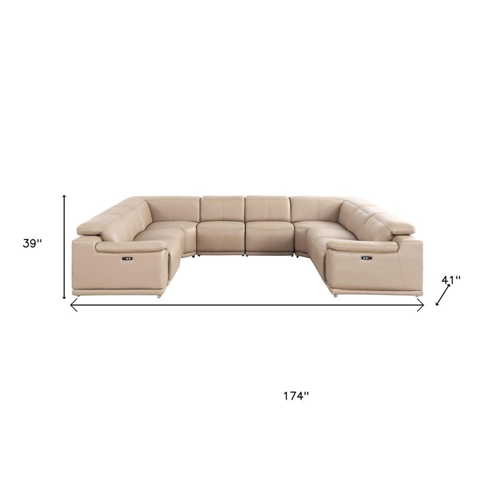 Beige Leather Power Reclining U Shaped Eight Piece Corner Sectional