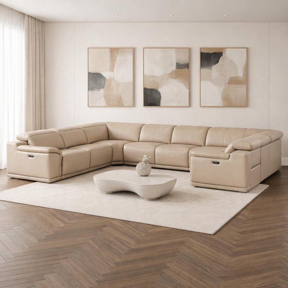 Beige Leather Power Reclining U Shaped Eight Piece Corner Sectional
