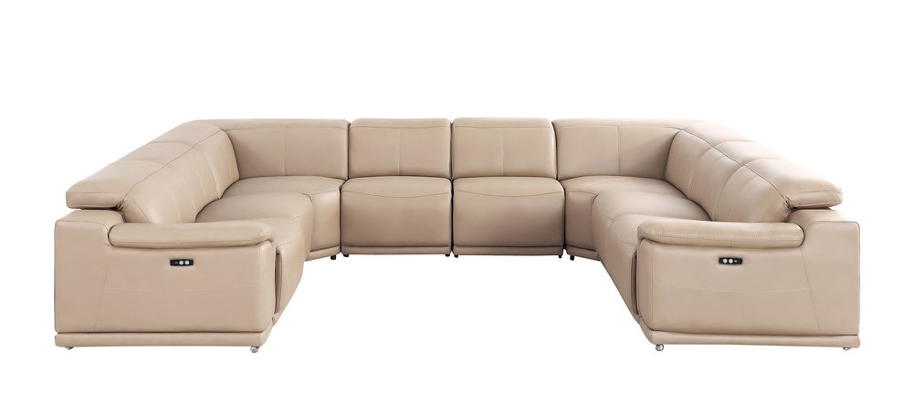 Beige Leather Power Reclining U Shaped Eight Piece Corner Sectional