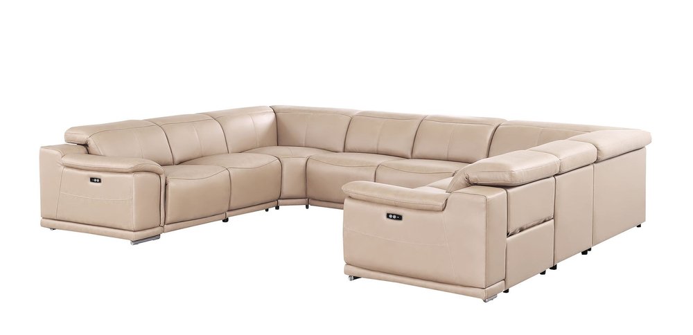 Beige Leather Power Reclining U Shaped Eight Piece Corner Sectional