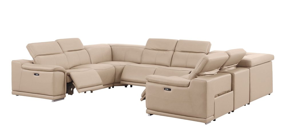 Beige Leather Power Reclining U Shaped Eight Piece Corner Sectional