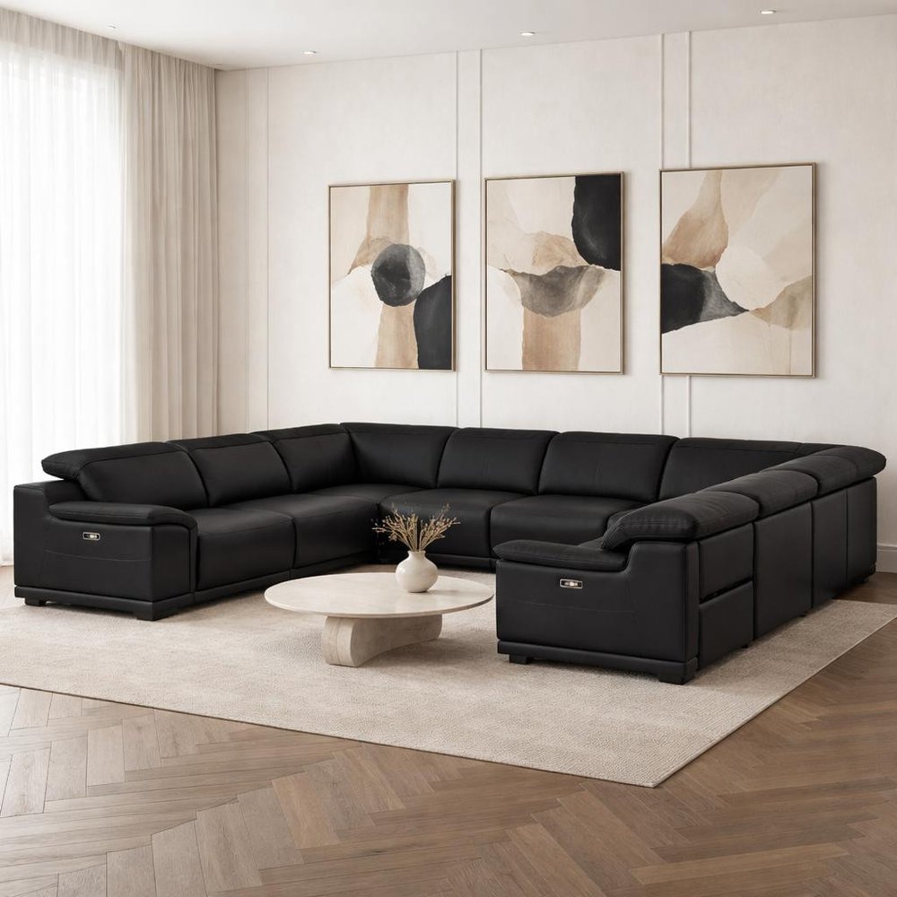 Black Leather Power Reclining U Shaped Eight Piece Corner Sectional