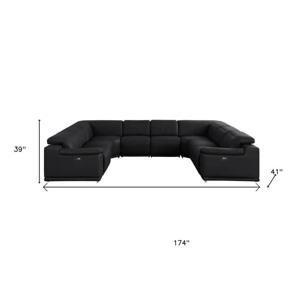 Black Leather Power Reclining U Shaped Eight Piece Corner Sectional