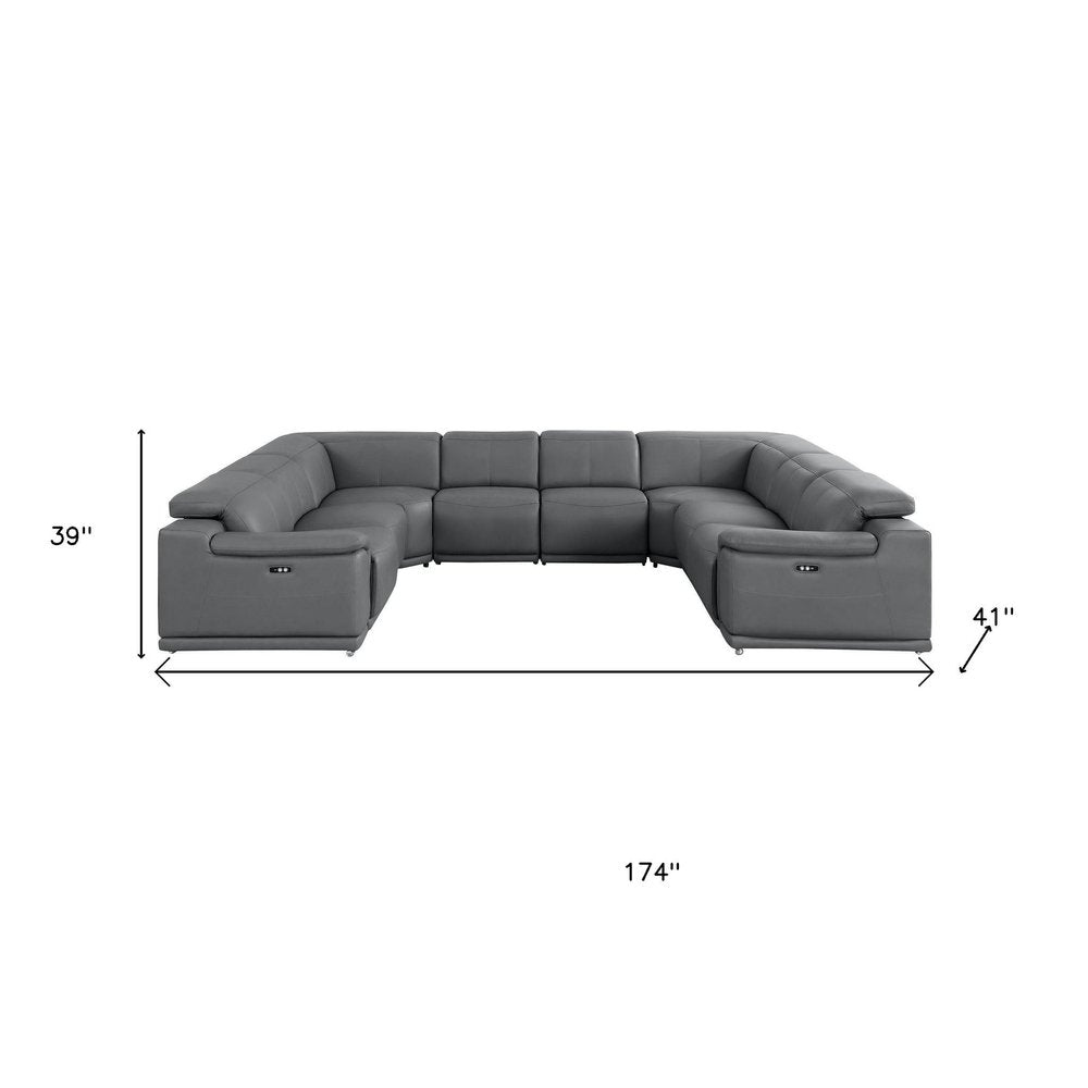 Battleship Gray Leather Power Reclining U Shaped Eight Piece Corner Sectional