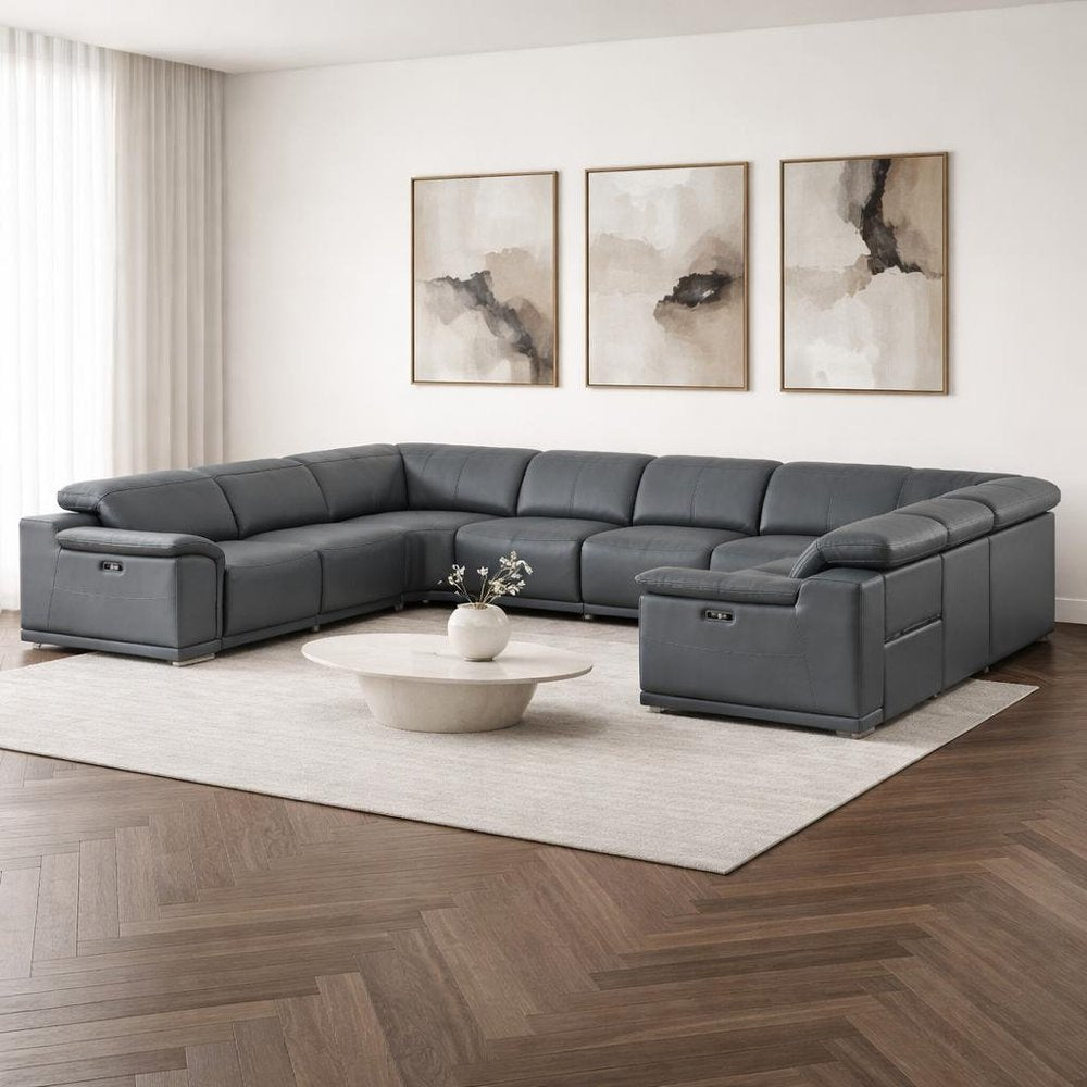Battleship Gray Leather Power Reclining U Shaped Eight Piece Corner Sectional