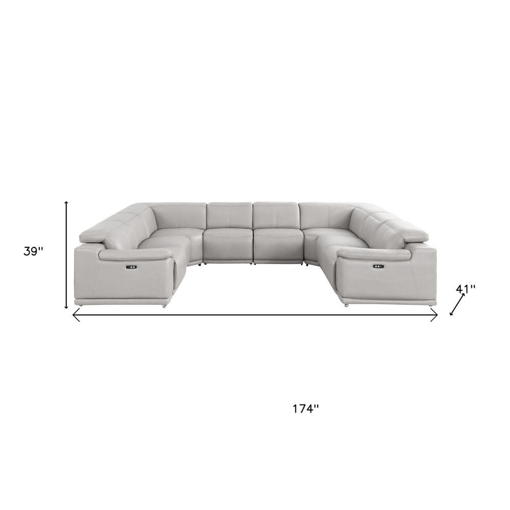 Ash Gray Leather Power Reclining U Shaped Eight Piece Corner Sectional