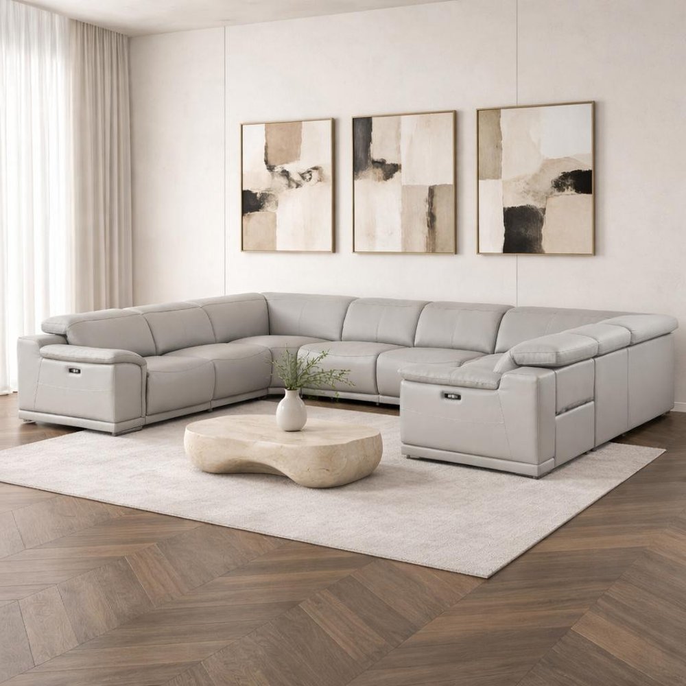 Ash Gray Leather Power Reclining U Shaped Eight Piece Corner Sectional