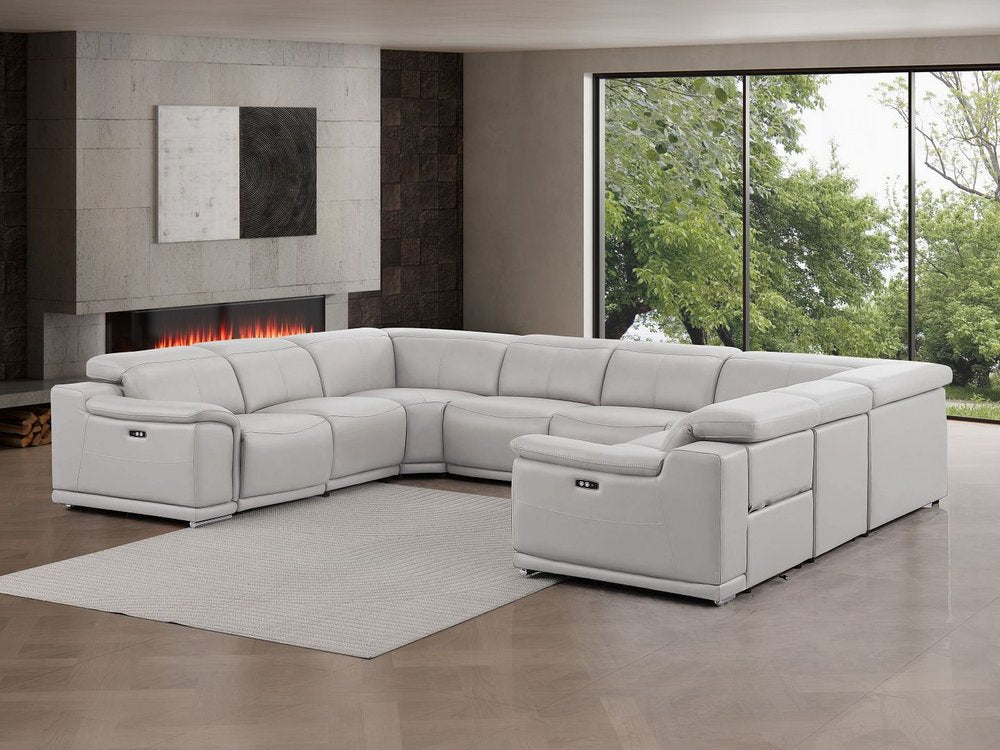 Ash Gray Leather Power Reclining U Shaped Eight Piece Corner Sectional