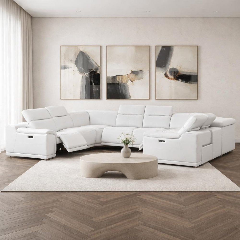 White Leather Power Reclining U Shaped Eight Piece Corner Sectional