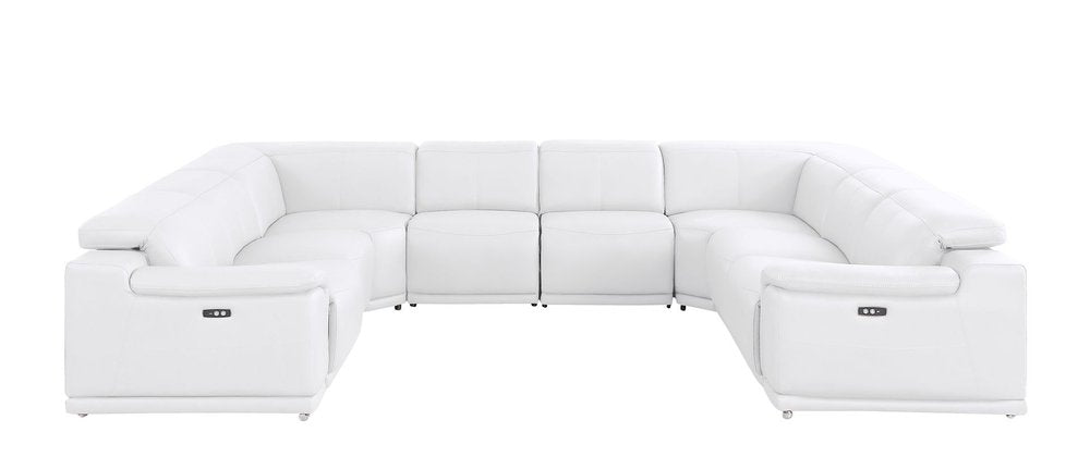 White Leather Power Reclining U Shaped Eight Piece Corner Sectional on a white background
