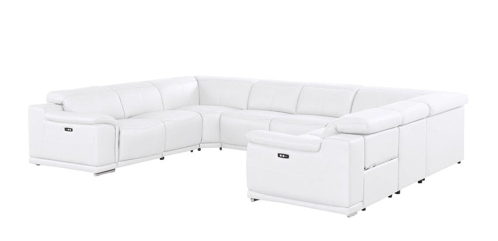White Leather Power Reclining U Shaped Eight Piece Corner Sectional on a white background