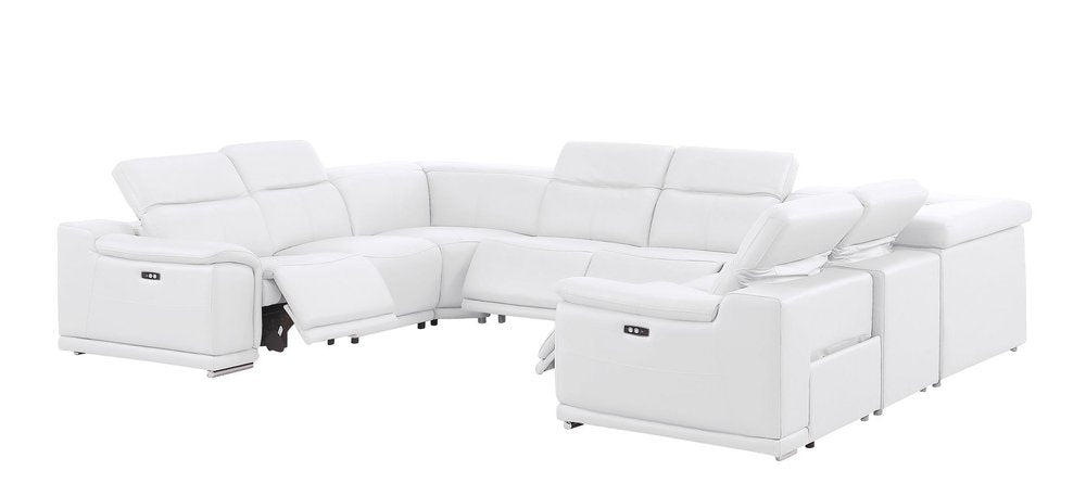 White Leather Power Reclining U Shaped Eight Piece Corner Sectional on a white background
