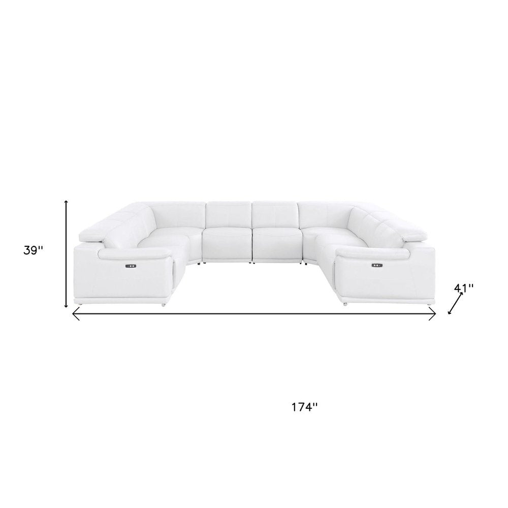 White Leather Power Reclining U Shaped Eight Piece Corner Sectional on a white background