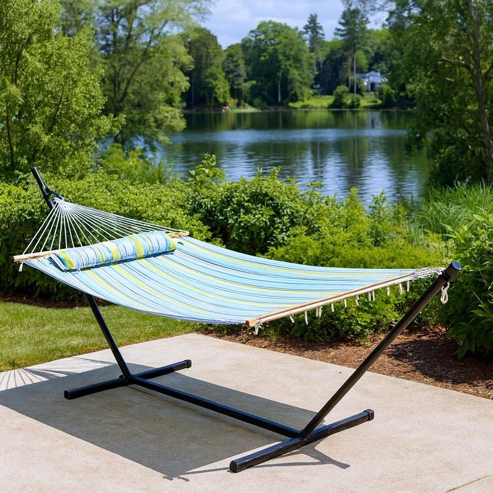 Aqua And Lime Green Striped Double Hammock in a home interior