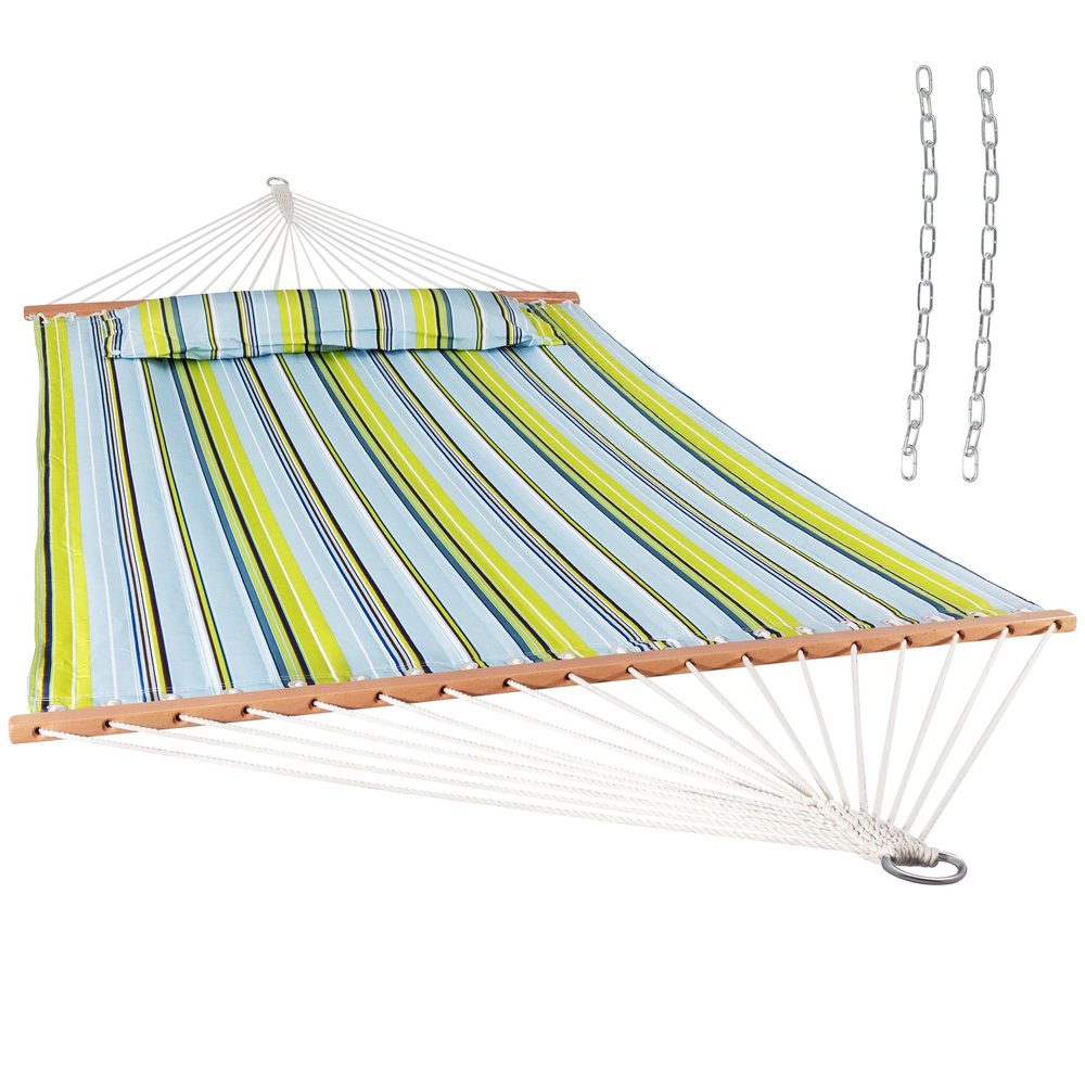 Aqua And Lime Green Striped Double Hammock on a white background