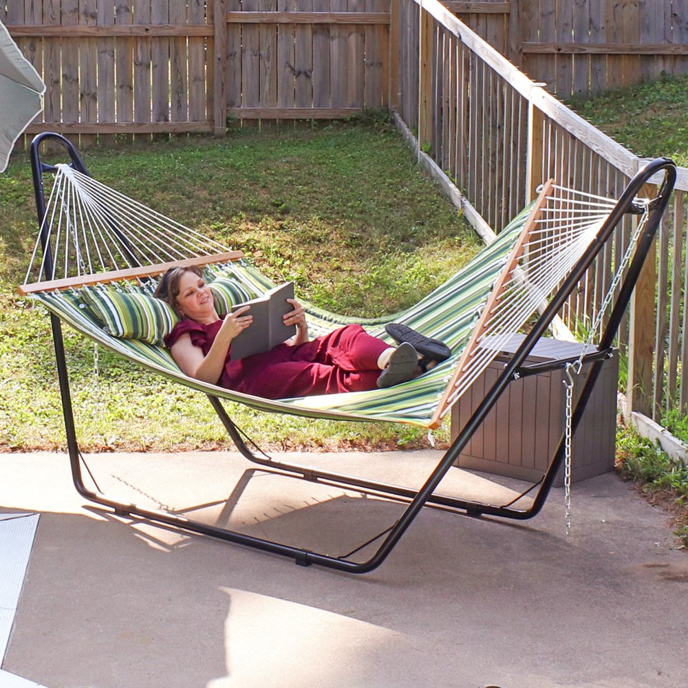 Green And Yellow Striped Double Hammock in a home interior