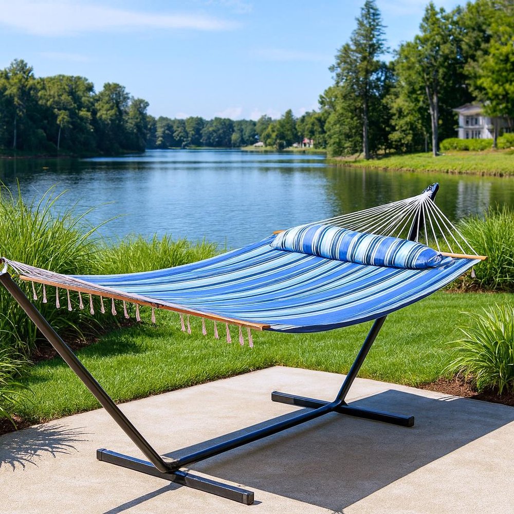 Light Blue And Dark Blue Striped Double Hammock in a home interior