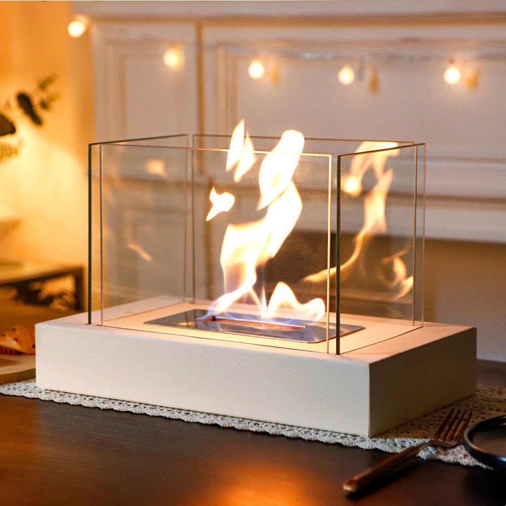 14" White And Clear Metal And Glass BioEthanol Portable Tabletop Firepit