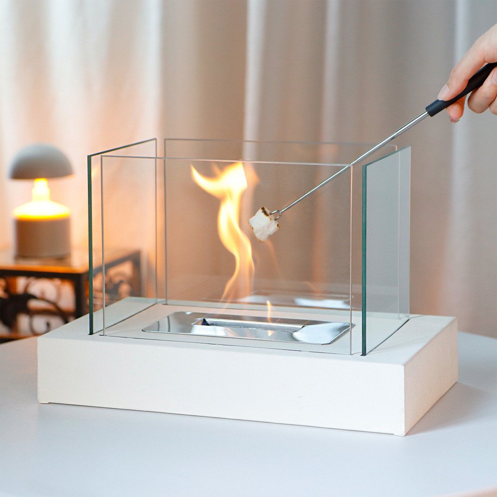 14" White And Clear Metal And Glass BioEthanol Portable Tabletop Firepit