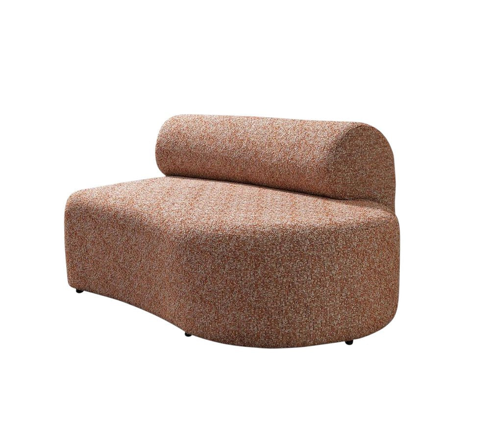 Curved orange boucle modular sofa section with rounded backrest on a white background.