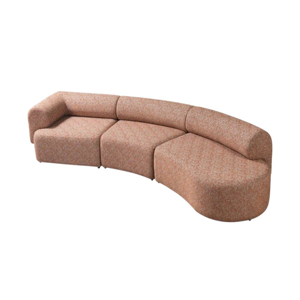Orange Boucle Modular Curved Three Piece Sectional With Toss Pillows on a white background