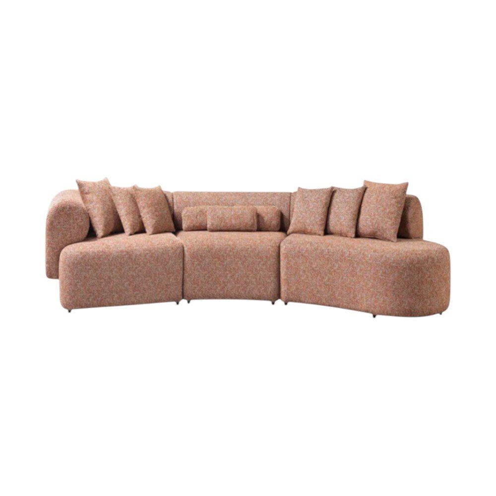 Orange Boucle Modular Curved Three Piece Sectional With Toss Pillows on a white background