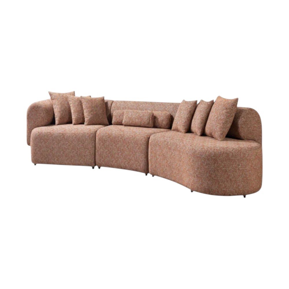Orange Boucle Modular Curved Three Piece Sectional With Toss Pillows on a white background