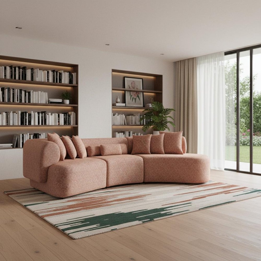 Orange Boucle Modular Curved Three Piece Sectional With Toss Pillows in a home interior