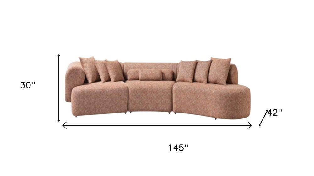Orange Boucle Modular Curved Three Piece Sectional With Toss Pillows on a white background