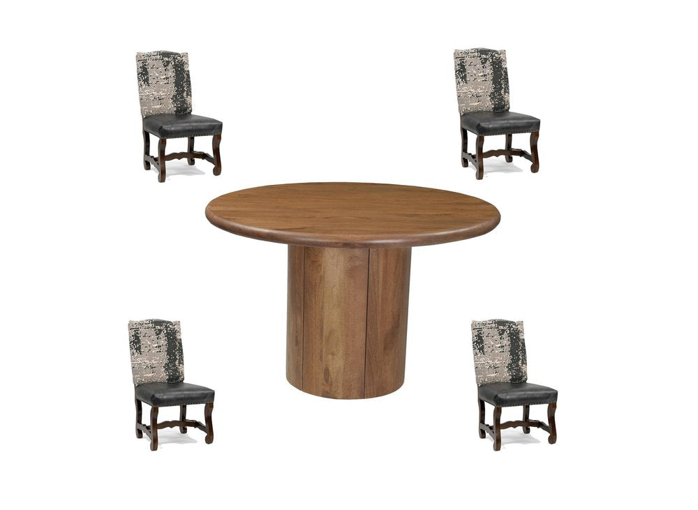 Five Piece Brown Round Solid Wood Dining Set with Four Chairs