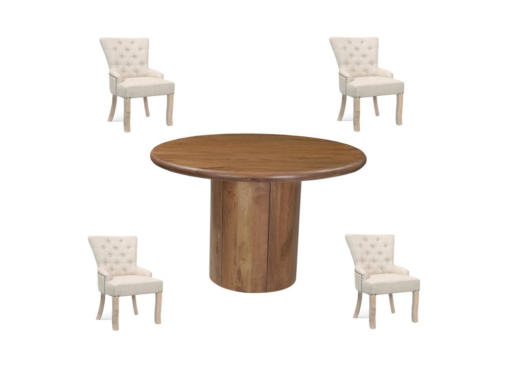 Five Piece Brown Round Solid Wood Dining Set with Four Chairs