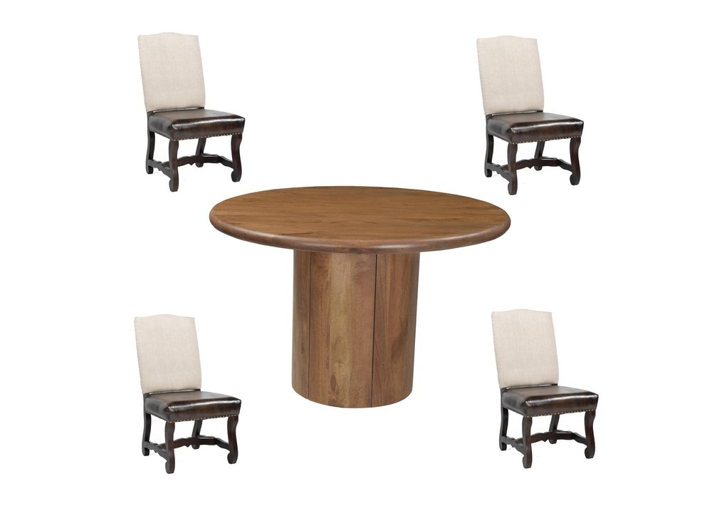 Five Piece Brown Round Solid Wood Dining Set with Four Chairs